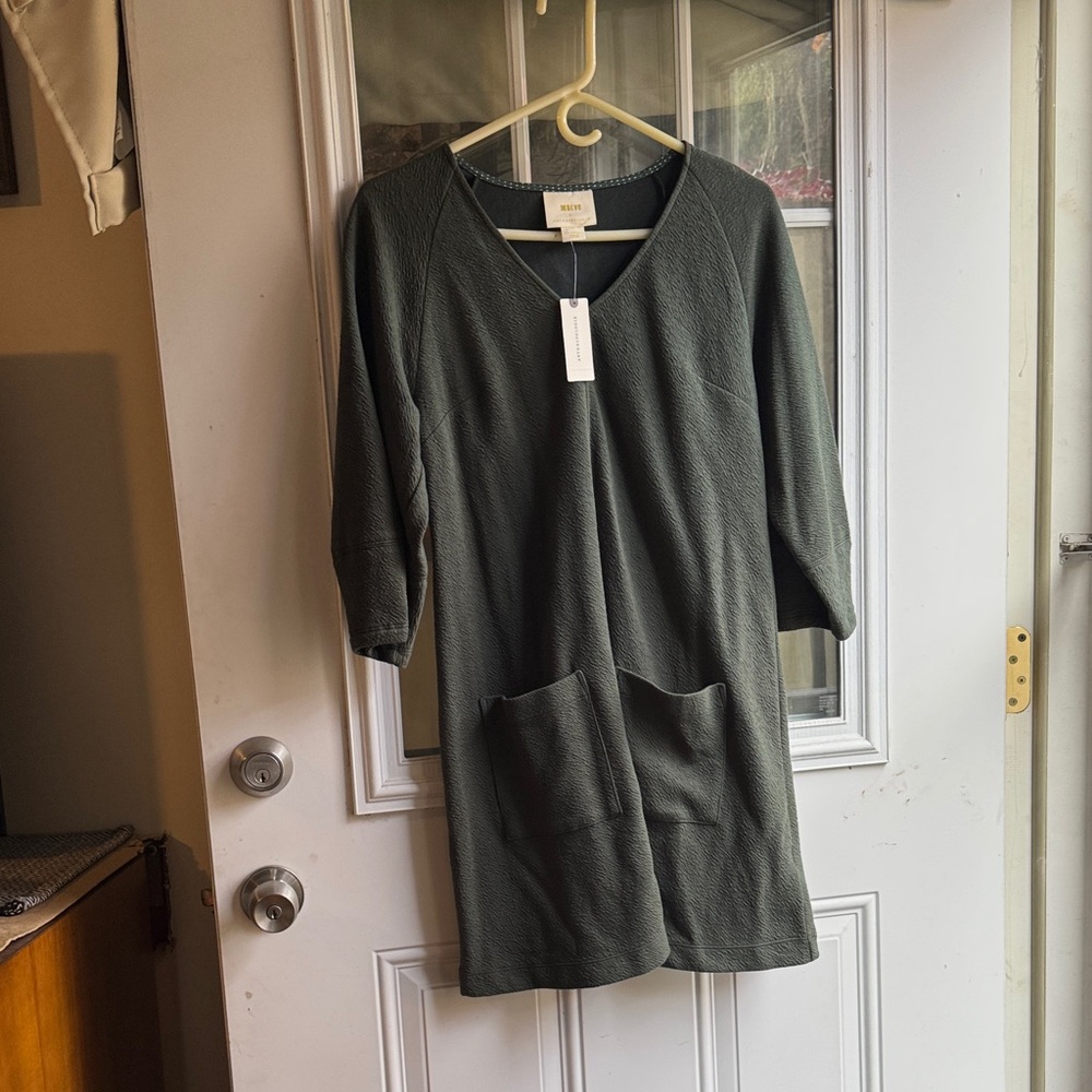 Maeve Dark Green V-Neck mini Dress with patch Pockets
